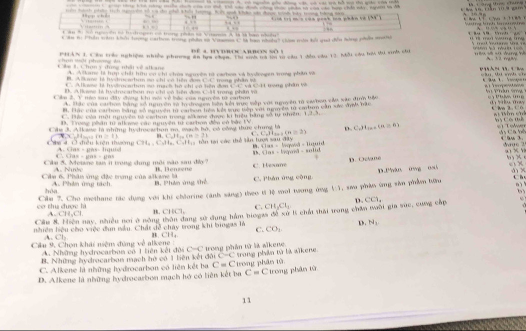 cn Cami C giup tng kha năng tiền tịch của có thể Tả cà định công tớc phás tà của các hợp chấi náy, người tả đã
L  âu t6 , Liần t0 ở gam      C ông thực chưng
nên tành phíy tịịh sungyên tổ va đo phố khếi lượng, Kết quả khia sa được trình tày trong bằng shu (3x^2) A 26B p
Hợp chấn 7   “”
Gii trị mư2 của penh loa phần tử
10.49 , . . . .               C            
   
ng b inh b  r    
A    v a o  1
C  ầu 8 số nguyên tử hydropen có trong phim to Viansin A là là bàn nhiều
yua^1
Cầm 6: Phần têm khải tượng carbon trong phần tử Vaan C là bao nhiều2 àm mắn kở quả đều hàng phẩn muời                                      1  mol butane to a  n 
để 4. HYDROCARBOn số 1  Dunu kể nhiệt (cả
PHAN I. Cầu trấc nghiệm nhiền phương ăn lợa chon. Thi sinh trà lời từ cầu 1 đều câu 12. Mỗi câu hồi thi sinh chi  ê n số sã  dung hế A.   n g a y 
chọn mội phương ăn
Câu 1. Chọn ý đúng nhất về alkane  Phàn 1 .   C
A. Alkane là hợp chải hữtu có chi chúa nguyên tử carbon và bydrogen trong phần tử câu, thí sinh ch
B. Alkane là hydrocarbon no chỉ có liên đơn CAC trong phần tử   â u t.  isop r
C. Alkane là hydrocarbon no mạch hỡ chi có hện đơn C=C vd C=H
D. Alkane là hydrocarbon no chỉ có liên đơn C=11 4 trong phân tử trong phân tử a ) (sopentane
Câu 2. ) nào sau đây đùng khi nói về bắc của nguyễn từ carbon  b   Phần (m c  Phận (g
A. Bắc của carbon bằng số nguyên tử hydrogen hiện kết trực tiếp với nguyên tử carbon cản xắc dịnh bắc
B. Bắc cia carbon bằng số nguyên tử carbon hiện kết trực tiếp với nguyên tử carbon cản xác định bắc. d Nếu thay
C. Bắc của một nguyên tử carbon trong alkane được kí hiệu bằng số tự nhiên: 1,2,3, Câu 2 ,  C ó 
D. Trong phần từ alkane các nguyên tử carbon đều có bắc IV *  ) Bôn chế
b) Có thể
Cầu 3. Alkane là những hydrocarbon no, mạch hó, có công thức chung là C_n1
Câu 4. Ở điều kiện thường CH_4,C_3H_6,C_4H_12 tôn tại các thể lần lượt sau đây 12n-3 (n≌ 2). D. C_nH_2n-6(n≌ 6)
e   o luer
d) Cã bộ
CuH (n≥ 1) .C_nH_2n(n≥ 2)
n Gias=
Gas=120 s- liquid líquid - líquid Cau 3. được 2
D. Cias= liquid - solid
CHas=878=82as a  × 1
D. Octane
Câu 5. Metane tan ít trong dung môi nào sau đây? C. Hexane c) X
A. Nước B. Benzene b)×
A. Phân ứng tách B. Phân ứng thể C. Phản ứng cộng. D.Phân ứng oxi
Cầu 6, Phân ứng đặc trưng của alkane là d) ×  C  
Câu 7, Cho methane tác dụng với khi chlorine (ảnh sáng) theo tỉ lệ mol tương ứng 1:1 , sau phân ứng sân phẩm hữu
a ) 
hóa b)
D. CCl_4
cơ thu được là C. CH_2Cl_2
Cầu 8, Hiện nay, nhiều nơi ở nông ang sử dụng hầm biogas để xử lí chất thái trong chăn nuổi gia súc, cung cấp
A. CH_3Cl
B. CHCl_1
D.
nhiên liệu cho việc đun nấu. Chất đễ chảy trong khí biogas là C. CO_2. N_2
A. Cl_2 B. CH₄
Cầu 9. Chọn khái niệm đùng về alkene :
A. Những hydrocarbon có 1 liên kết đôi C=C trong phân tử là alkene.
B. Những hydrocarbon mạch hở có 1 liên kết ở toiC=C trong phân tử là alkene.
C. Alkene là những hydrocarbon có liên kết ba Cequiv C trong phân tử.
D. Alkene là những hydrocarbon mạch hở có liên kết ba C=C trong phân từ.
11