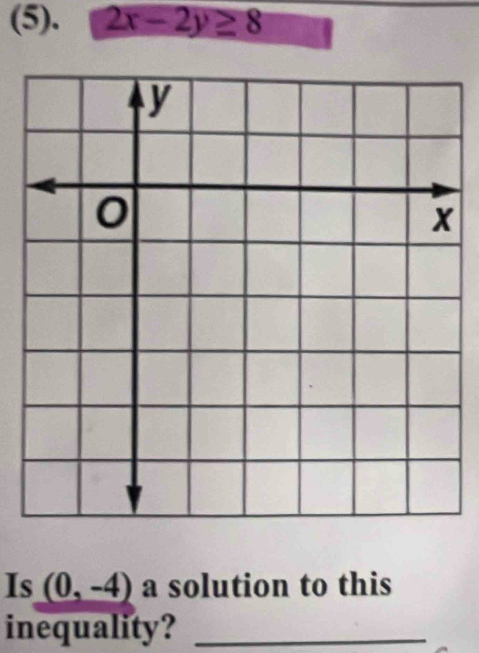 (5). 2x-2y≥ 8
Is (0,-4) a solution to this 
inequality?_