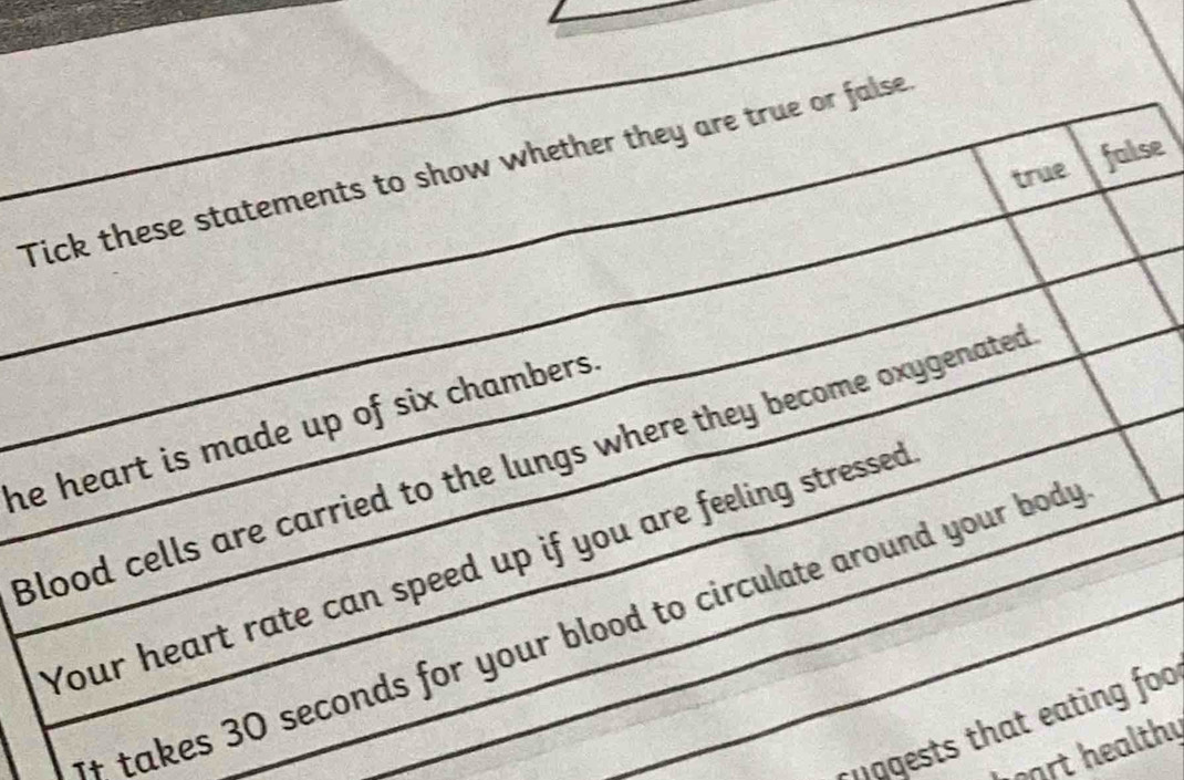 true false
Tick these statements to show whether they are true or false
he heart is made up of six chambers.
Blood cells are carried to the lungs where they become oxygenated
Your heart rate can speed up if you are feeling stressed
+ takes 30 seconds for your blood to circulate around your body
ggests that eating foo
ort healthy