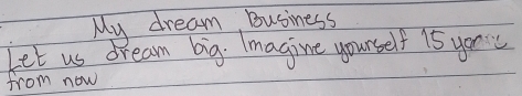 My dream Business 
Let us dream big. Imagine yourself 15 youc 
from now