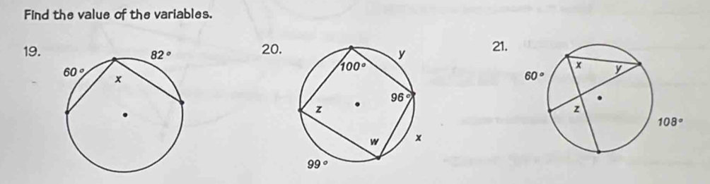 Find the value of the variables.
19.20.21.