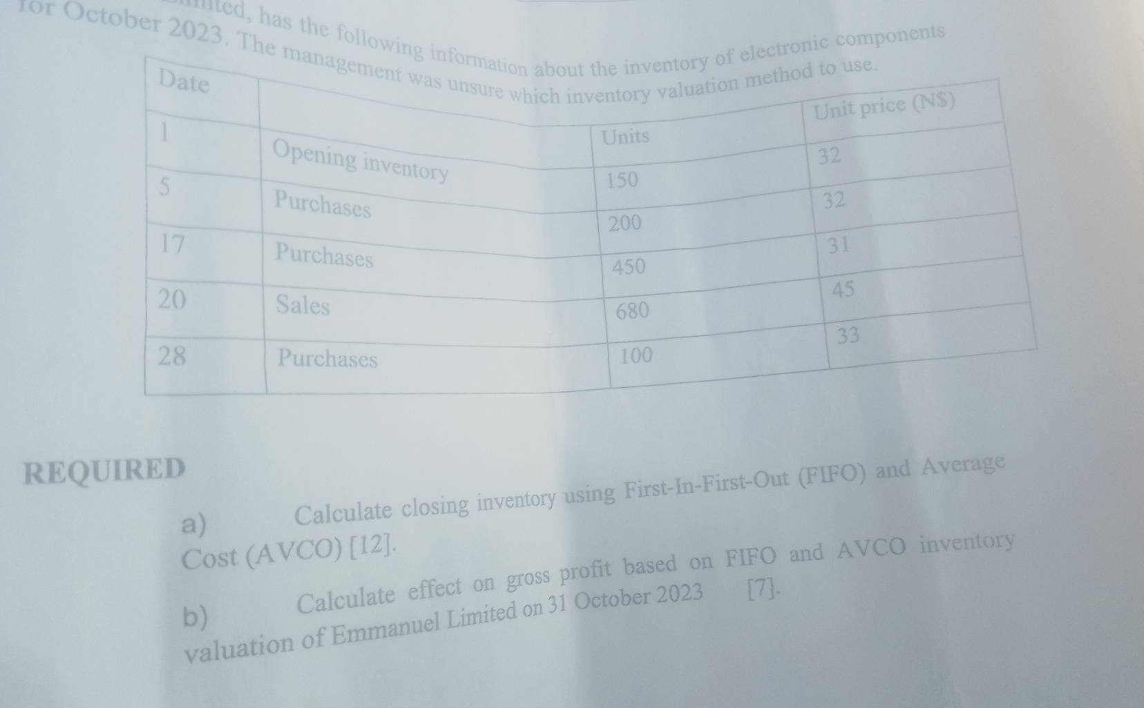 ted, has the folloc components 
1or October 2023. T 
REQUIRED 
a) Calculate closing inventory using First-In-First-Out (FIFO) and Average 
Cost (AVCO) [12]. 
Calculate effect on gross profit based on FIFO and AVCO inventory 
b) 
valuation of Emmanuel Limited on 31 October 2023 [7].