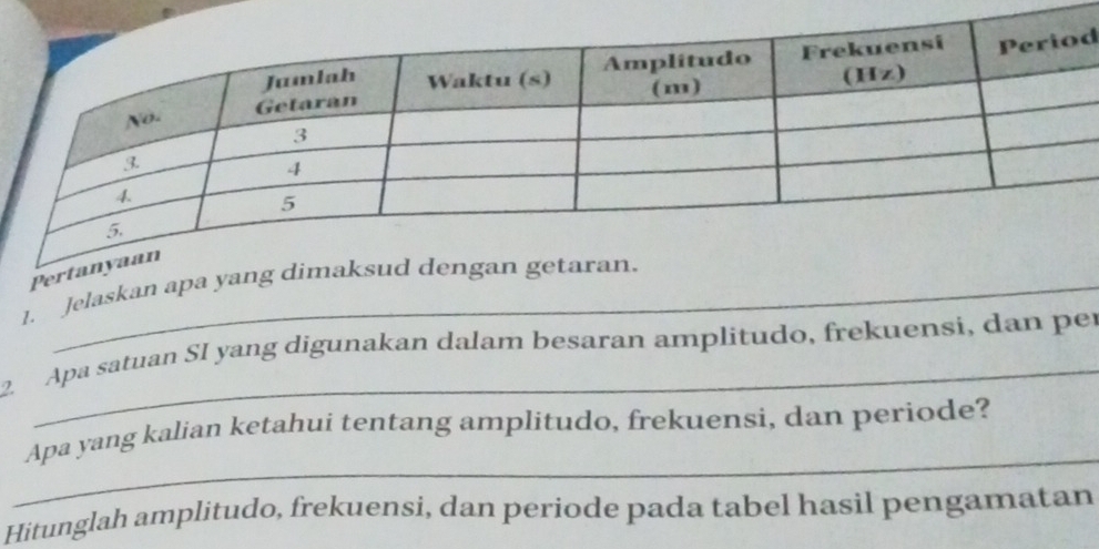 Per 
1. Jelaskan apa yang 
2. Apa satuan SI yang digunakan dalam besaran amplitudo, frekuensi, dan per 
_ 
Apa yang kalian ketahui tentang amplitudo, frekuensi, dan periode? 
Hitunglah amplitudo, frekuensi, dan periode pada tabel hasil pengamatan