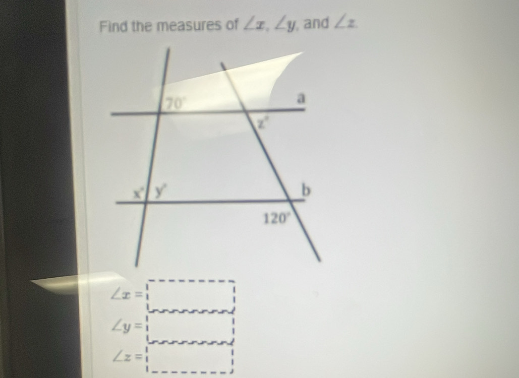 Find the measures of ∠ x,∠ y , and ∠ z
∠ x=□
∠ y=□
∠ z=□