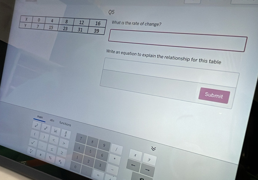 hat is the rate of change? 
Write an equation to explain the relationship for this table 
Submit 
main abc functions
a^2 d^b
k_2
  a/b 
< 7</tex> 
√ > 8
sqrt[n]() < 4  9
π 2 5 1
% 1 6 * x
a_b 2
y
0 3 ~ 
~ 、