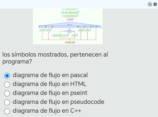 los símbolos mostrados, pertenecen al
programa?
diagrama de flujo en pascal
diagrama de flujo en HTML
diagrama de flujo en pseint
diagrama de flujo en pseudocode
diagrama de flujo en C++