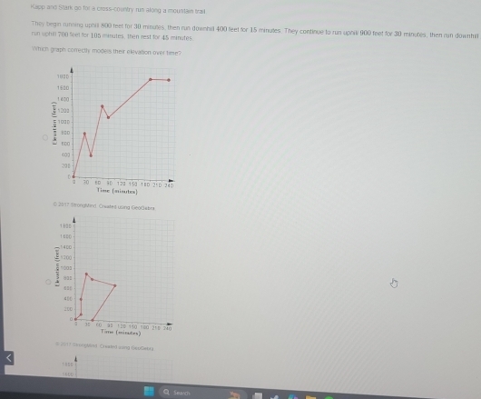Kapp and Stark go for a cross-country run along a mountain brail 
They begin running uphill 800 feet for 30 minutes, then run downhill 400 feet for 15 minules. They continue to run uphill 900 feet for 30 minutes, then run downhil 
ran uphill 700 feel for 105 minutes. Then rest for 45 minutes. 
Which graph correctly models their elevation over time? 
© 2017 StrongMind. Creates using GeoGabra 
# 2017 StrongMind Crealed aung GeoGebra 
l
5600
Search