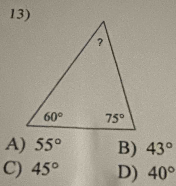 A) 55°
B) 43°
C) 45°
D) 40°