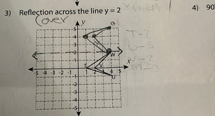 Reflection across the line y=2 4) 90
y 0
-5
4
3
2
w
-1
x
T v
-5 -4 -β -2 -1 1 4 5
-1
-2
3
-4
-5