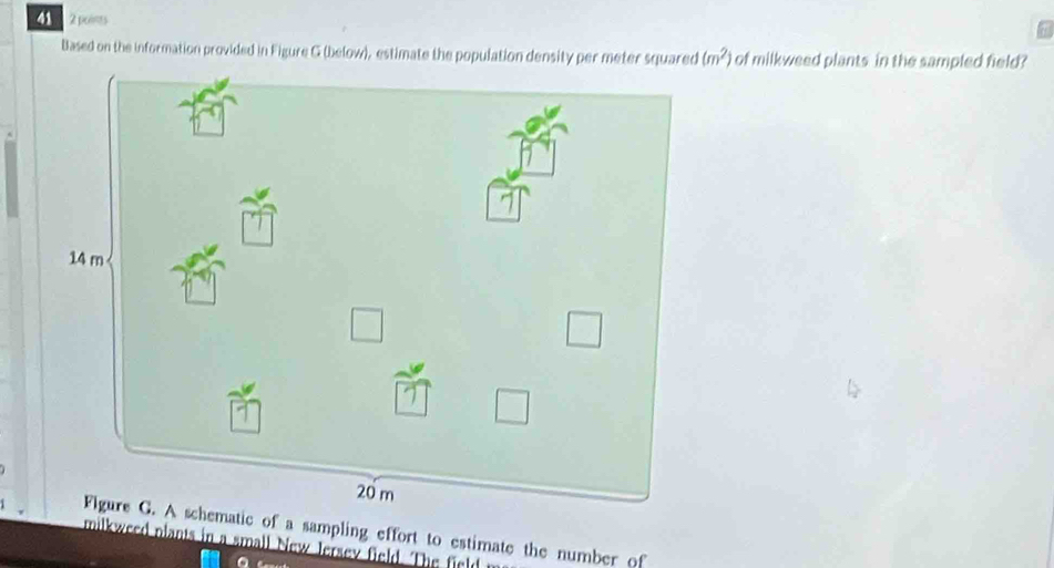 41 2 points 
Based on the information provided in Figure G (below), estimate the population density per meter squared (m^2) of milkweed plants in the sampled field? 
c of a sampling effort to estimate the number of 
milkweed plants in a small New Jersey field. The field