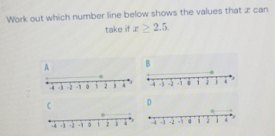 Work out which number line below shows the values that x can 
take if x≥ 2.5. 
A 
B
-4 -3 -2 -1 。 1 2 3 4 - 4 -3 -2 -1 i 2 3 4 r 
D