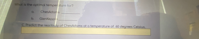 What is the optimal tempen sture for? 
a. ChesAdar is_ 
b. GlenKeppi_ 
C. Predict the reactivity of ChesAdams at a temperature of 60 degrees Celsius.