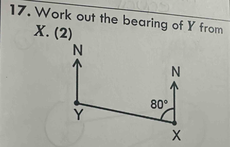 Work out the bearing of Y from
X.(2)