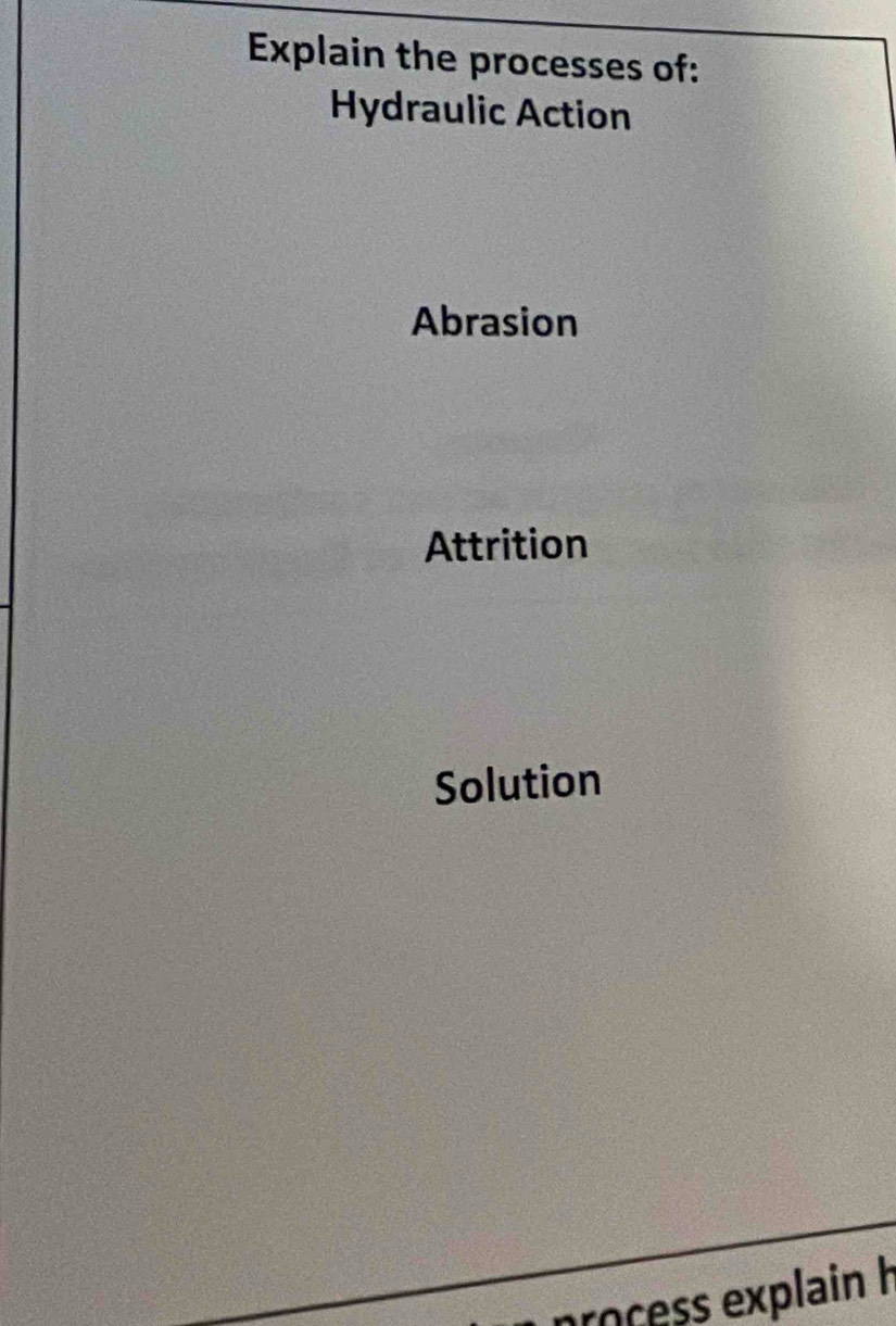 Explain the processes of: 
Hydraulic Action 
Abrasion 
Attrition 
Solution 
process explain h