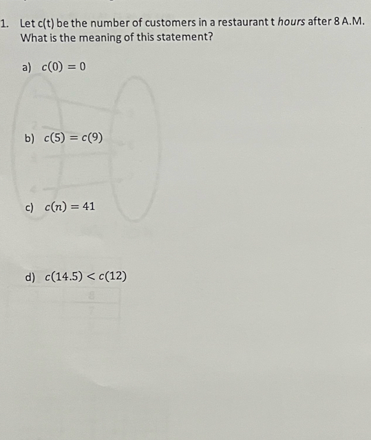 Let c(t) be the number of customers in a restaurant t hours after 8 A.M.
What is the meaning of this statement?
a) c(0)=0
b) c(5)=c(9)
c) c(n)=41
d) c(14.5)