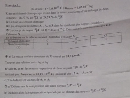 e=1,6.10^(-13)C; m_mosius=1,67.10^(-27)kg
On donne
X est un élément chimique qui existe dans la nature sous forme d'un mélange de deux 
isotopes : 75,77 % de 4X et 24,23 % de 5X
Définir un élément chimique 
Que désignent les lettres A_1, A_2 et Z dans les symboles des noyaux précédents 
[4] La charge du noyau^A 1/2 X est Q=27, 2.10^(-15)C Déterminer le numéro atomique Z de 
④ a/ La masse molaire atomique de X naturel est 35.5g.m n L^(-1)
Trouver une relation entre A_1 ct A_2
h/ soit m_1 et m_2 les masses respectives de deux noyaux frac  1/2 Xa 12/2 X
sachant que 2m_2-m_1=65, 13.10^(-27)kg , montrer que . 2A_2-A_1=39
c / En déduire les valeurs de A_1 tA_2
⑤ a/ Déterminer la composition des deux noyaux  A1/2 Xot^A 1/2 X
b/ Déduire alors la représentation symbolique de chacun des noyaux 4 1/2 X ct 4 π /2 x