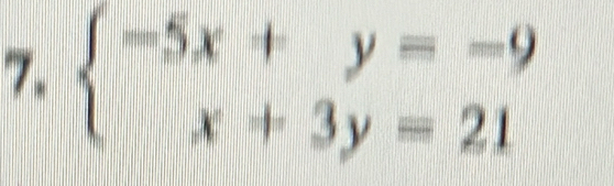 beginarrayl -5x+y=-9 x+3y=21endarray.