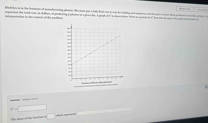 Watch Video Show Dxamples 
Madelyn is in the business of manufacturing phones. She must pay a daily fixed cost to rent the building and equipment, and also pays a cost per phone produced for materials and labor. Let 
represent the total cost, in dollars, of producing p phones in a given day. A graph of C is shown below. Write an equation for C then state the slope of the graph and determine it 
interpretation in the context of the problem. 
= 
Answer Attempt i out of 2
C=□
The slope of the function is □ which represents □