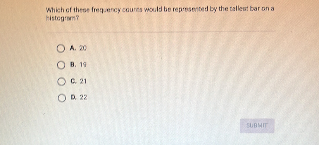 Which of these frequency counts would be represented by the tallest bar on a
histogram?
A. 20
B. 19
c. 21
D. 22
SUBMIT