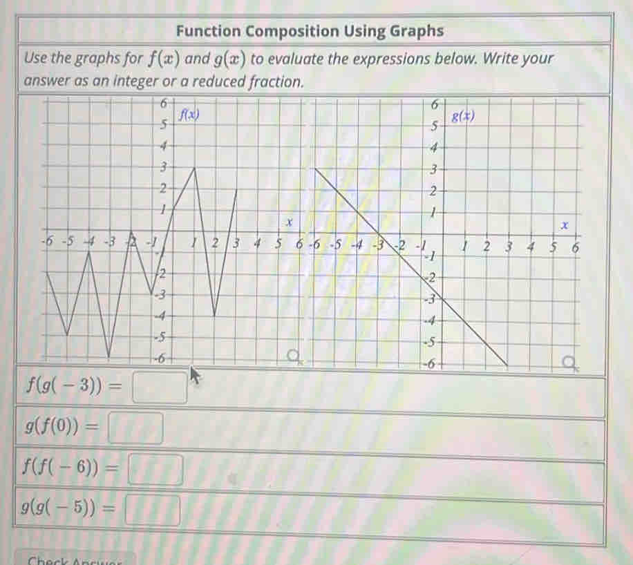 Function Composition Using Graphs
Use the graphs for f(x) and g(x) to evaluate the expressions below. Write your
answer as an integer or a reduced fraction.
f(g(-3))=□
g(f(0))=□
f(f(-6))=□
g(g(-5))=□