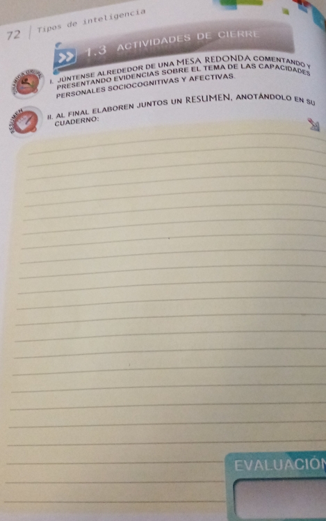 Tipos de inteligencia 
ACTIVIDADES DE CIERRE 
a 1.3
NTENSE ALREDEDOR DE UNa MESA REDONDA COMENTANDO y 
PrESENTANDo EviDENCIAS SOBRE El TEMA DE LAS CAPACIDaDes 
PERSONALES SOCIOCOGNITIVAS Y AFECTIVAS. 
II. al final elabORen juntoS un RESUMEN, anoTáNDOLO en su 
CUADERNO: 
_ 
_ 
_ 
_ 
_ 
_ 
_ 
_ 
_ 
_ 
_ 
_ 
_ 
_ 
_ 
_ 
_ 
_ 
_ 
_ 
_EVALUACION 
_ 
_