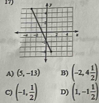 A) (5,-13) B) (-2,4 1/2 )
C) (-1, 1/2 ) D) (1,-1 1/2 )