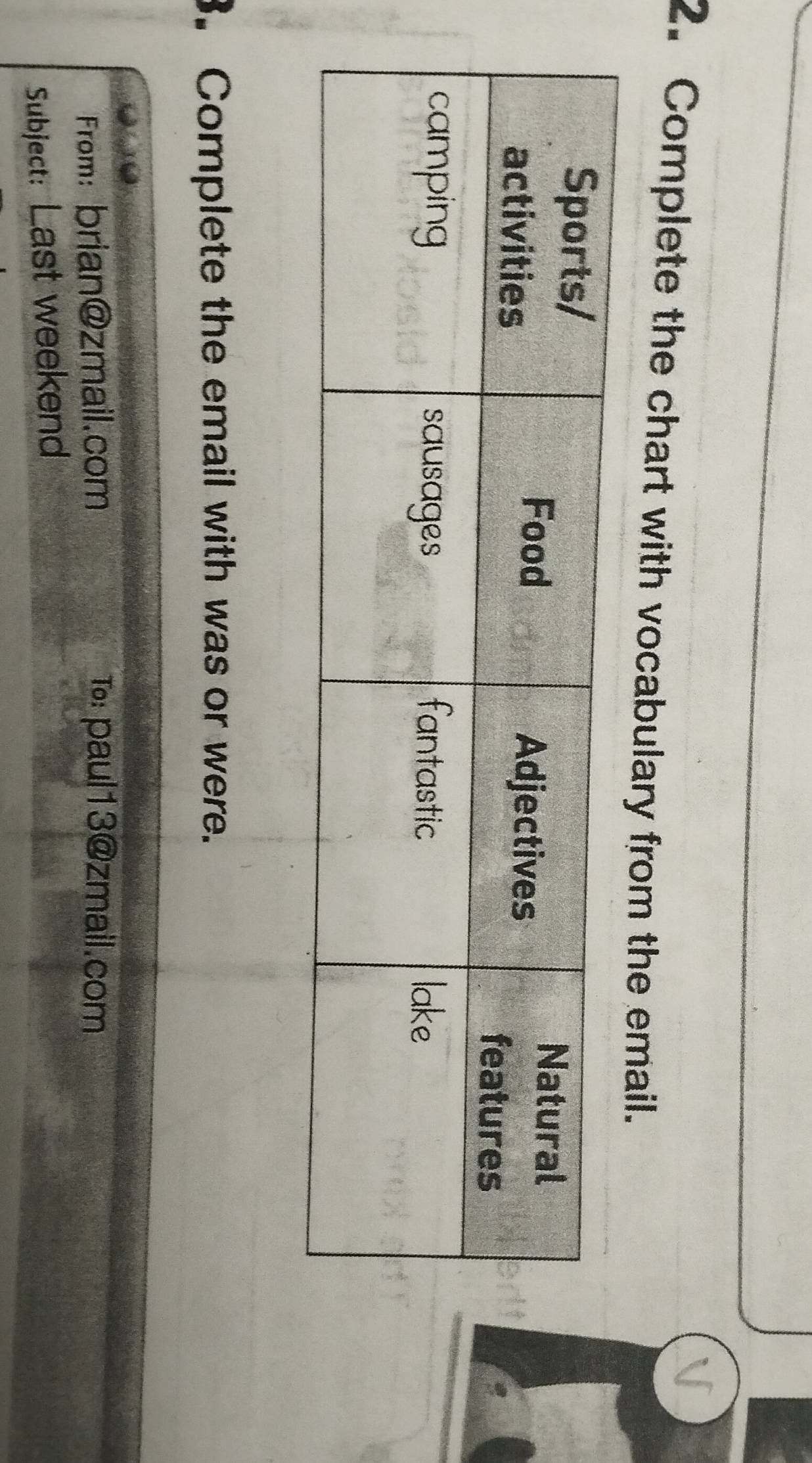Complete the chart with vocabulary from the email. 
. Complete the email with was or were. 
From: brian@zmail.com T: paul13@zmail.com 
Subject: Last weekend