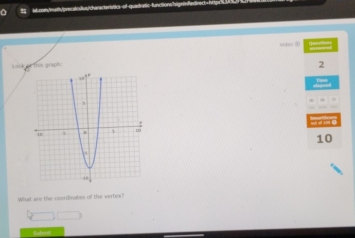 Video ⑥ Questions 
answered 
Look at this graph: 
2 
Time 
elapsed 
00 06 31 
” 
SmartScore out of 100 0 
10 
What are the coordinates of the vertex?
45°
Submit