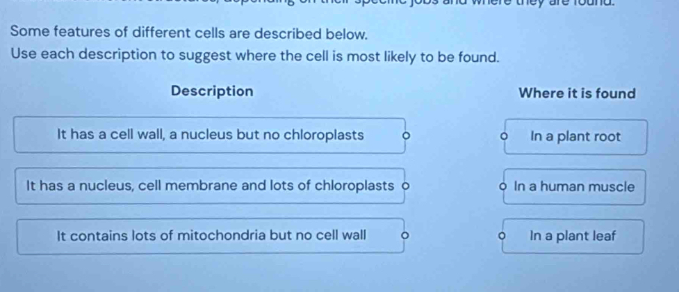 Some features of different cells are described below.
Use each description to suggest where the cell is most likely to be found.
Description Where it is found
It has a cell wall, a nucleus but no chloroplasts 。 In a plant root
It has a nucleus, cell membrane and lots of chloroplasts o In a human muscle
It contains lots of mitochondria but no cell wall 。 In a plant leaf