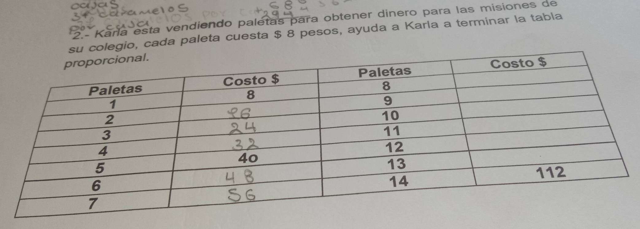 2.- Karla esta vendiendo paletas para obtener dinero para las misiones de 
colegio, cada paleta cuesta $ 8 pesos, ayuda a Karla a terminar la tabla