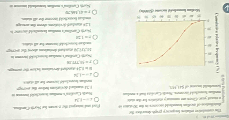 Guestion 20 of 46 >
The commlative relutive fmquency graphs describes the
diutrilution of median homehold incomes in the 50 states in Find and interpret the z -sonre for North Canslium.
s ment year. Orven are summary statistics for the state z=-1.24; median humehold incomes. North Caolias had a median North Carlim's median household income in
homehold income of $41,553. 124 standand deviations below the average
median household income for alll states.
z=-1.24
It in 1.24 standard deviations below the sverage.
z=51,737.38
Norths Carolina's median homeheld income in
51,737.38 standand deviations above the average
median honsehold income for all states.
z=1.24
North Carolinals median hounchold income in
1.24 standard deviations above the average
4 9 90 6 median houchold income for all states.
Medias t homehold income ($1600s) z=41.506.70
North Carolima's mediua household incame is