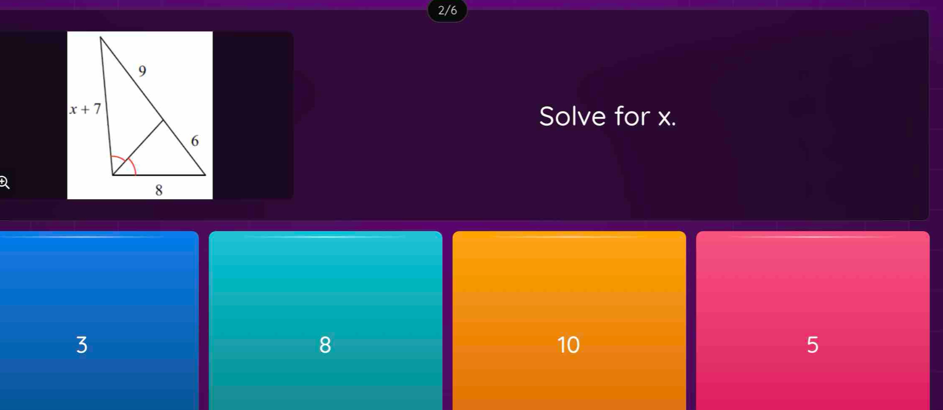 2/6
Solve for x.
3
8
10
5