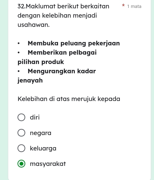 Maklumat berikut berkaitan * 1 mata
dengan kelebihan menjadi
usahawan.
Membuka peluang pekerjaan
Memberikan pelbagai
pilihan produk
Mengurangkan kadar
jenayah
Kelebihan di atas merujuk kepada
diri
negara
keluarga
masyarakat