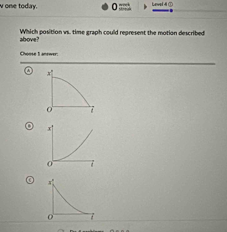 one today. 0 week streak Level 4 ① 
Which position vs. time graph could represent the motion described 
above? 
Choose 1 answer: 
a x
0
t
a 
a