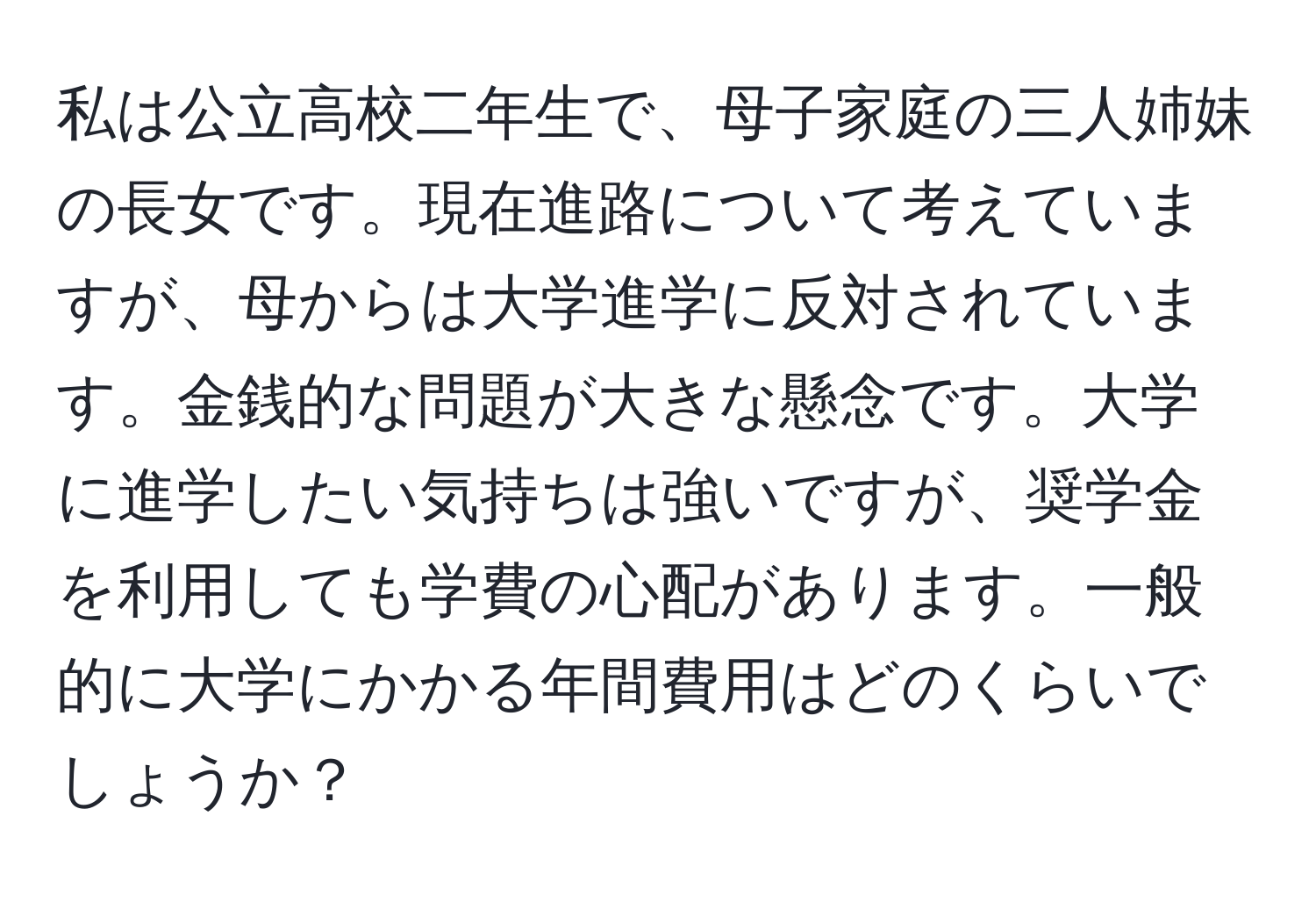 私は公立高校二年生で、母子家庭の三人姉妹の長女です。現在進路について考えていますが、母からは大学進学に反対されています。金銭的な問題が大きな懸念です。大学に進学したい気持ちは強いですが、奨学金を利用しても学費の心配があります。一般的に大学にかかる年間費用はどのくらいでしょうか？