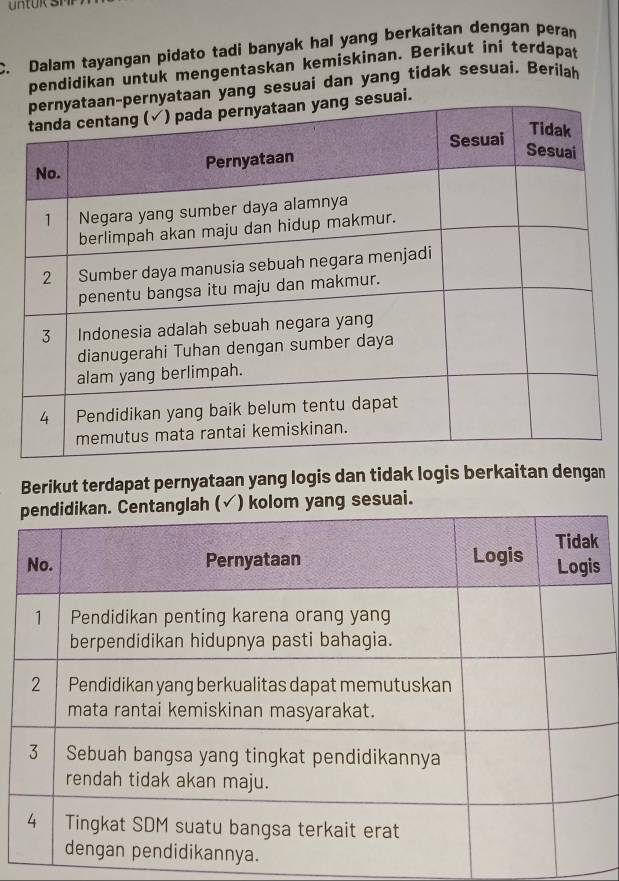 Dalam tayangan pidato tadi banyak hal yang berkaitan dengan peran 
pendidikan untuk mengentaskan kemiskinan. Berikut ini terdapat 
aan yang sesuai dan yang tidak sesuai. Berilah 
Berikut terdapat pernyataan yang logis dan tidak logis berkaitan dengan 
olom yang sesuai. 
s