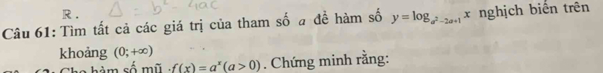 Tìm tất cả các giá trị của tham số a đề hàm số y=log _a^2-2a+1x nghịch biến trên 
khoảng (0;+∈fty )
àm số mũ :.f(x)=a^x(a>0). Chứng minh rằng: