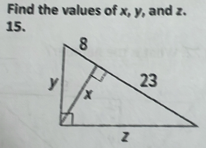 Find the values of x, y, and z. 
15.