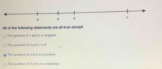 All of the following statements are all true except
The quotient of cand b is negative.
The quotient of 0 and c is O.
The quotient of a and b is positive.
The quotient of 0 and a is undefined.