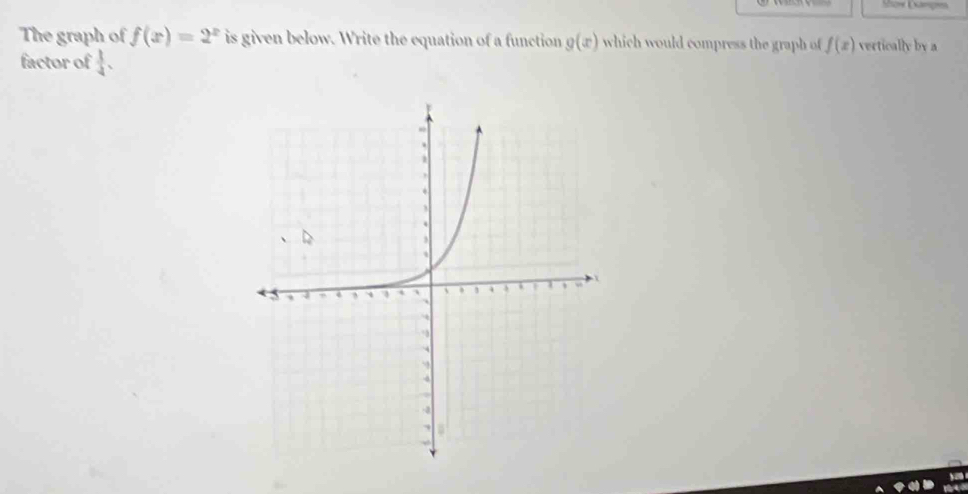 Show Exanpes 
The graph of f(x)=2^x is given below. Write the equation of a function g(x) which would compress the graph of f(x) vertically by a 
factor of  1/4 .