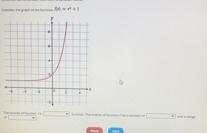 Consider the graph of the function f(x)=e^x+1
The inverse of function Ais function. The inverse of function fhas a domain of and a range
of
Reset Next