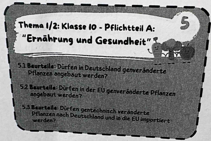 Thema 1/2: Klasse 10 - Pflichtteil A: 
5 
“Ernährung und Gesundheit” 
5.1 Beurteile: Dürfen in Deutschland genveränderte 
Pflanzen angebaut werden? 
5.2 Beurteile: Dürfen in der EU genveränderte Pflanzen 
angebaut werden? 
5.3 Beurteile: Dürfen gentechnisch veränderte 
Pflanzen nach Deutschland und in die EU importiert 
werden?