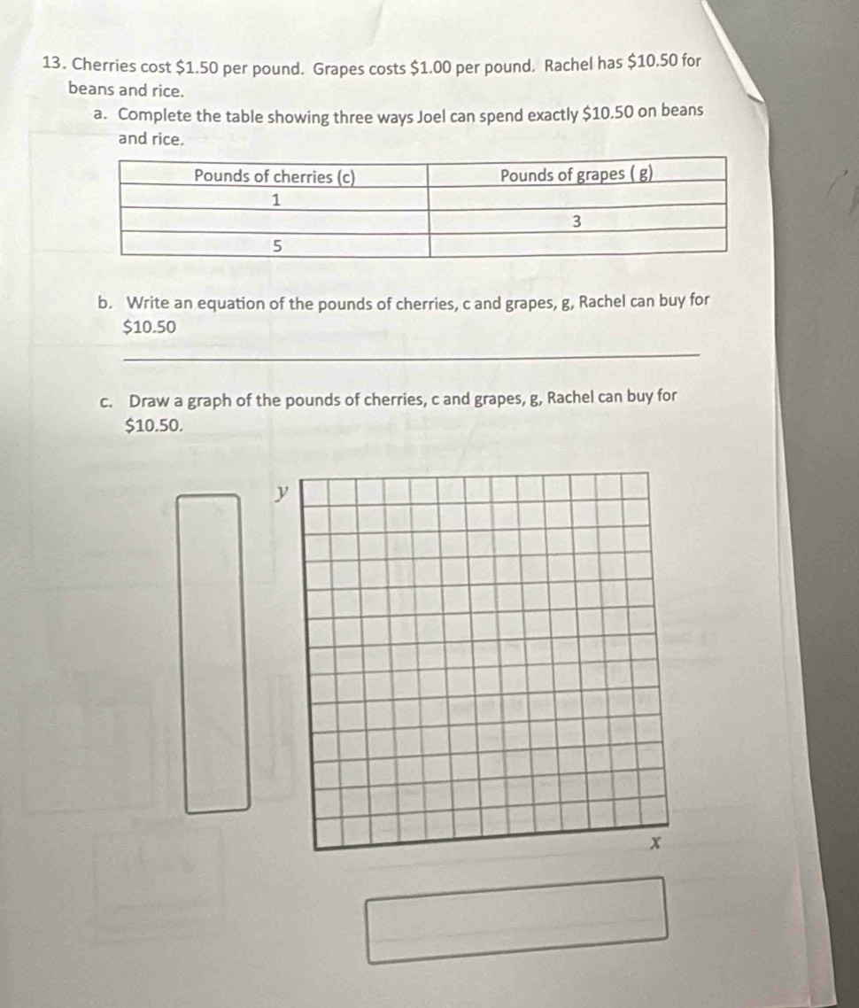 Cherries cost $1.50 per pound. Grapes costs $1.00 per pound. Rachel has $10.50 for 
beans and rice. 
a. Complete the table showing three ways Joel can spend exactly $10.50 on beans 
and rice. 
b. Write an equation of the pounds of cherries, c and grapes, g, Rachel can buy for
$10.50
_ 
c. Draw a graph of the pounds of cherries, c and grapes, g, Rachel can buy for
$10.50.