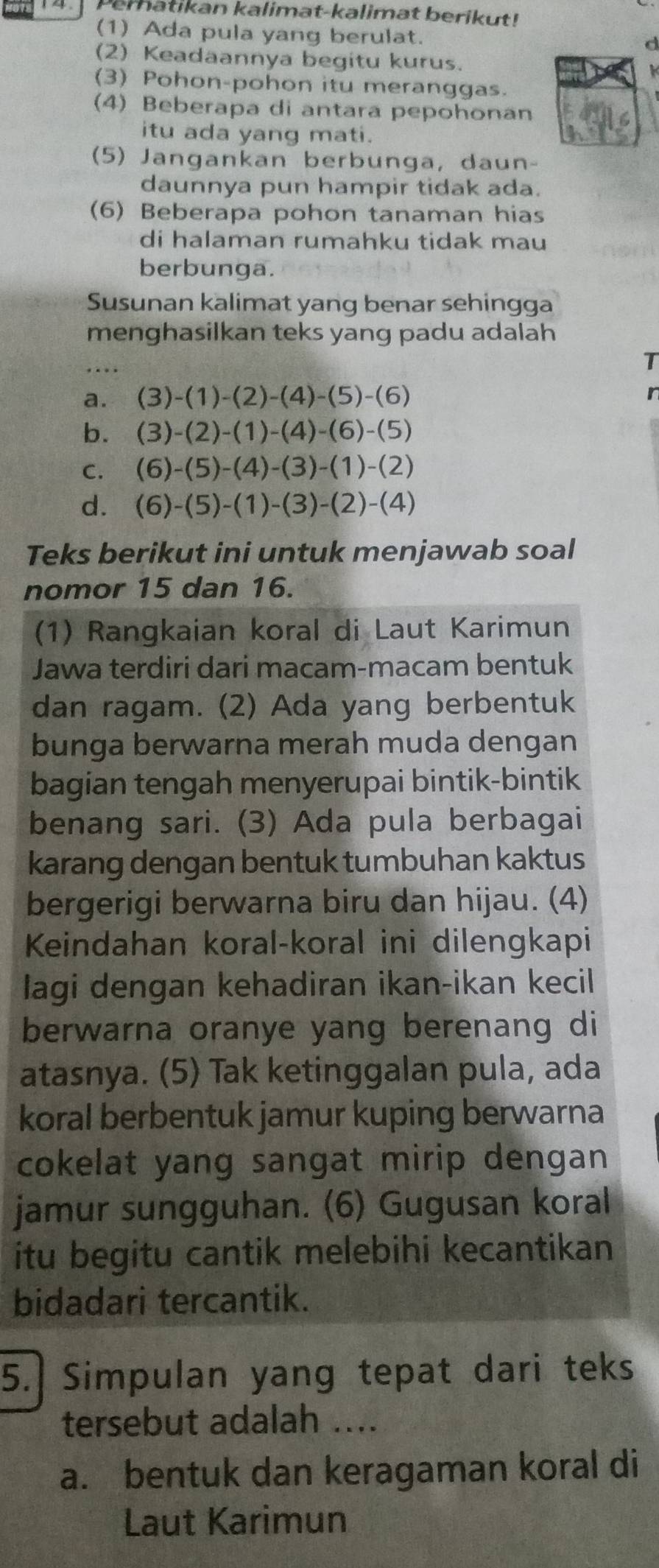 Peratikan kalimat-kalimat berikut!
(1) Ada pula yang berulat. d
(2) Keadaannya begitu kurus.
(3) Pohon-pohon itu meranggas.
(4) Beberapa di antara pepohonan
itu ada yang mati.
(5) Jangankan berbunga, daun-
daunnya pun hampir tidak ada.
(6) Beberapa pohon tanaman hias
di halaman rumahku tidak mau
berbunga.
Susunan kalimat yang benar sehingga
menghasilkan teks yang padu adalah
T
a. (3)-(1)-(2)-(4)-(5)-(6) r
b. (3)-(2)-(1)-(4)-(6)-(5)
C. (6)-(5)-(4)-(3)-(1)-(2)
d. (6)-(5)-(1)-(3)-(2)-(4)
Teks berikut ini untuk menjawab soal
nomor 15 dan 16.
(1) Rangkaian koral di Laut Karimun
Jawa terdiri dari macam-macam bentuk
dan ragam. (2) Ada yang berbentuk
bunga berwarna merah muda dengan
bagian tengah menyerupai bintik-bintik
benang sari. (3) Ada pula berbagai
karang dengan bentuk tumbuhan kaktus
bergerigi berwarna biru dan hijau. (4)
Keindahan koral-koral ini dilengkapi
lagi dengan kehadiran ikan-ikan kecil
berwarna oranye yang berenang di
atasnya. (5) Tak ketinggalan pula, ada
koral berbentuk jamur kuping berwarna
cokelat yang sangat mirip dengan 
jamur sungguhan. (6) Gugusan koral
itu begitu cantik melebihi kecantikan
bidadari tercantik.
5. Simpulan yang tepat dari teks
tersebut adalah ....
a. bentuk dan keragaman koral di
Laut Karimun