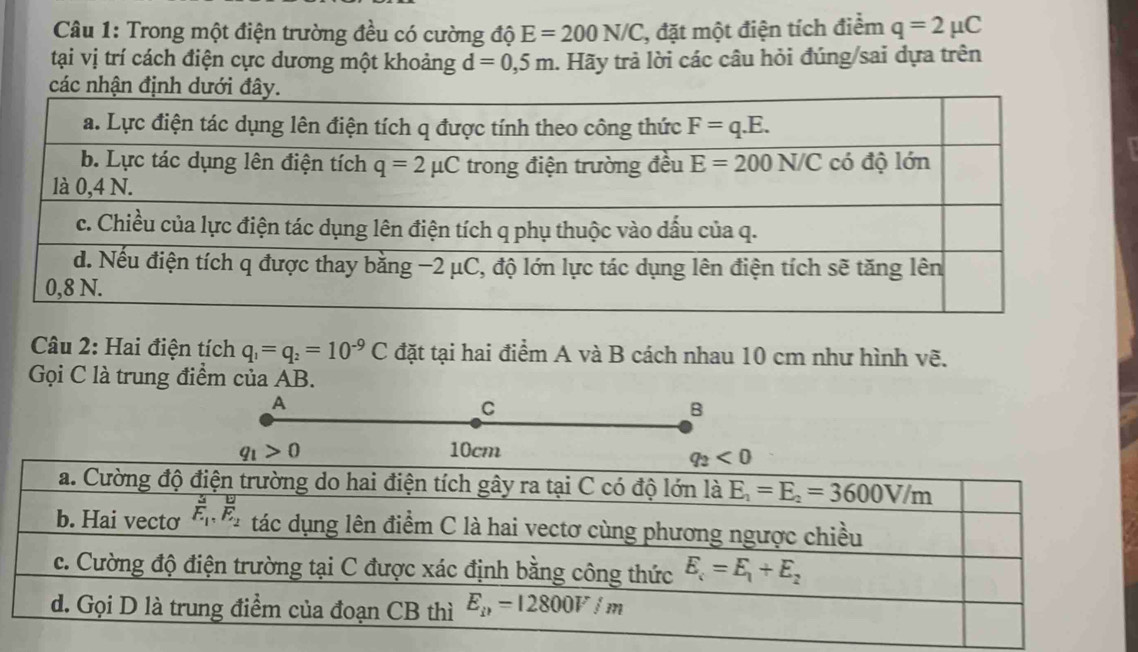 Trong một điện trường đều có cường độ E=200N/C , đặt một điện tích điểm q=2mu C
tại vị trí cách điện cực dương một khoảng d=0,5m. Hãy trả lời các câu hỏi đúng/sai dựa trên
Câu 2: Hai điện tích q_1=q_2=10^(-9)C đặt tại hai điểm A và B cách nhau 10 cm như hình vẽ.
Gọi C là trung điểm của AB.
A
C
B
1