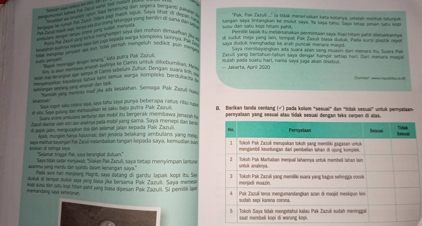 Setelah saya selesai berzikir, d 
pengumuman bahwa Pak Zazuli wafat tadi malam puki
*Innaliliah wa innailahi rajun. Saya tercenung dan segera berganti pakaian da
"Pak, Pak Zazuli ..." la tidak meneruskan kata-katanya, setelah melihat telunjuk
bergegas ke rumah Pak Zazuli. Udara pagi masih sejuk. Saya lihat di depan ruma tangan saya lintangkan ke mulut saya. Ya saya tahu. Saya tetap pesan satu kopi
Pak Zazuli masih sepi, hanya ada dua orang tetangga yang berdiri di sana dan sebua susu dan satu kopi hitam pahit.
ambulans dengan lampu sirene yang sudah menyala.
Pemilik lapak itu melaksanakan permintaan saya. Kopi hitam pahit diletakkannya
Putra Pak Zazuli yang tertua menghampiri saya dan mohon dimaafkan jika ada di sudut meja yang lain, tempat Pak Zazuli biasa duduk. Pada kursi plastik reyot
kesalahan ayahnya kepada saya dan juga kepada warga kompleks lainnya. Pak Zazu saya duduk menghadap ke arah puncak menara masjid.
tidak mengidap penyakit apa pun, tidak pernah mengeluh sedikit pun mengena
Saya membayangkan ada suara azan sang muazin dari menara itu. Suara Pak
"Bapak meninggal dengan tenang," kata putra Pak Zazuli.
Zazuli yang bertahun-tahun saya dengar hampir setiap hari. Dari menara masjid
suatu penyakit. itulah pada suatu hari, nama saya juga akan disebut.
Kini, ia akan membawa jenazah ayahnya ke Ciamis untuk dikebumíkan. Mereka -- Jakarta, April 2020
telah siap berangkat agar sampai di Ciamis sebelum Zuhur. Dengan suara lírih, say
menyampaïkan kepadanya bahwa kami semua warga kompleks berdukacita dar (Sumber: www.republika.co.id)
kehilangan seorang yang amanah dan baik.
"Kamilah yang meminta maaf jika ada kesalahan. Semoga Pak Zazuli husnu
khatimah."
Saya rogoh saku celana saya, saya tahu saya punya beberapa ratus ribu rupiah B. Berikan tanda centang (√) pada kolom “sesuai” dan “tidak sesuai” untuk pernyataan-
di situ. Saya gulung dan memasukkan ke saku baju putra Pak Zazuli.
Suara sirene ambulans berbunyi dan mobil itu bergerak membawa jenazah Pa pernyataan yang sesuai atau tidak sesuai dengan teks cerpen di atas.
Zazuli diantar oleh istri dan anaknya pada mobil yang sama. Saya menepi dan berdir
di pojok jalan, mengucapkan doa dan selamat jalan kepada Pak Zazuli.
Ajaib, mungkin hanya halusinasi, dari jendela belakang ambulans yang melaju
saya melihat bayangan Pak Zazuli melambaikan tangan kepada saya, kemudian suara
bisikan di telinga saya. 
"Selamat tinggal Pak, saya berangkat duluan."
Saya tidak sadar menjawab, "Silakan Pak Zazuli, saya tetap menyimpan lantunar
azanmu yang merdu dan syahdu dalam kenangan saya."
Pada sore hari menjelang Magrib, saya datang di gardu lapak kopi itu. Saya
duduk di tempat duduk saya yang biasa jika bersama Pak Zazuli. Saya memesan
kopi susu dan satu kopi hitam pahit yang biasa dipesan Pak Zazuli. Si pemilik lapa
memandang saya keheranan.