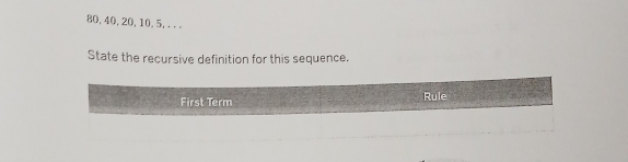 80, 40, 20, 10. 5,... 
State the recursive definition for this sequence. 
First Term Rule