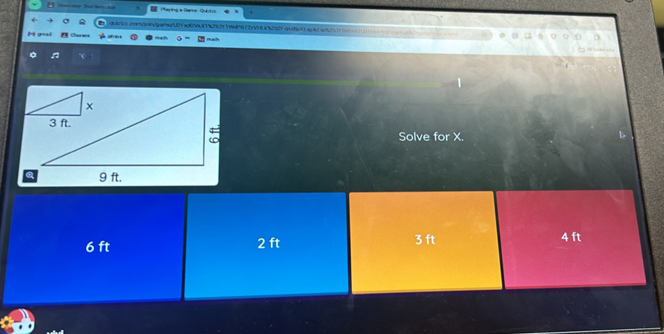 Gouncsaty- 2hat Bern caon Playing a Game - Quizizz
quirizz.com/join/garneyU2FsdGVkXT%252F1WdPB72zVHLk%252FdAf8pKLspfd se%252(04hit1U1554f1concn9p
ph o math
math
Solve for X.
6 ft 2 ft
3 ft 4 ft
