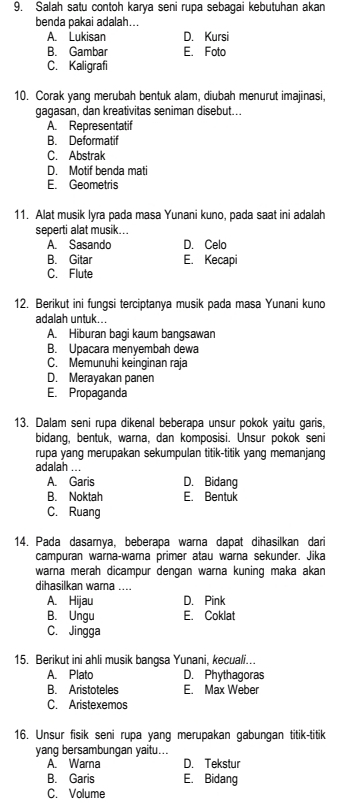 Salah satu contoh karya seni rupa sebagai kebutuhan akan
benda pakai adalah...
A. Lukisan D. Kursi
B. Gambar E. Foto
C. Kaligrafi
10. Corak yang merubah bentuk alam, diubah menurut imajinasi,
gagasan, dan kreativitas seniman disebut...
A. Representatif
B. Deformatif
C. Abstrak
D. Motif benda mati
E. Geometris
11. Alat musik lyra pada masa Yunani kuno, pada saat ini adalah
seperti alat musik...
A. Sasando D. Celo
B. Gitar E. Kecapi
C. Flute
12. Berikut ini fungsi terciptanya musik pada masa Yunani kuno
adalah untuk...
A. Hiburan bagi kaum bangsawan
B. Upacara menyembah dewa
C. Memunuhi keinginan raja
D. Merayakan panen
E. Propaganda
13. Dalam seni rupa dikenal beberapa unsur pokok yaitu garis,
bidang, bentuk, warna, dan komposisi. Unsur pokok seni
rupa yang merupakan sekumpulan titik-titik yang memanjang
adalah ...
A. Garis D. Bidang
B. Noktah E. Bentuk
C. Ruang
14. Pada dasarya, beberapa warna dapat dihasilkan dari
campuran warna-wama primer atau wärna sekunder. Jika
warna merah dicampur dengan warna kuning maka akan
dihasilkan warna ....
A. Hijau D. Pink
B. Ungu E. Coklat
C. Jingga
15. Berikut ini ahli musik bangsa Yunani, kecuali…
A. Plato D. Phythagoras
B. Aristoteles E. Max Weber
C. Aristexemos
16. Unsur fisik seni rupa yang merupakan gabungan titik-titik
yang bersambungan yaitu...
A. Warna D. Tekstur
B. Garis E. Bidang
C. Volume