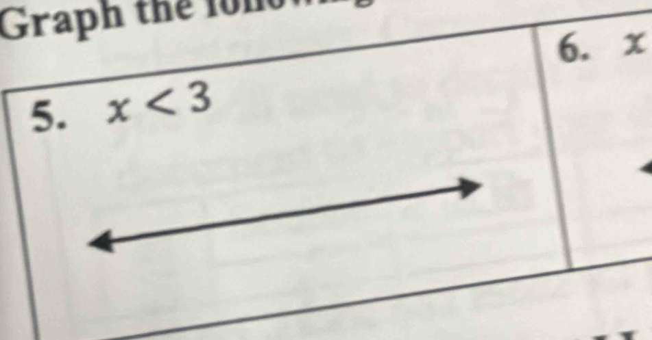 Graph the fo no 
6. x
5. x<3</tex>